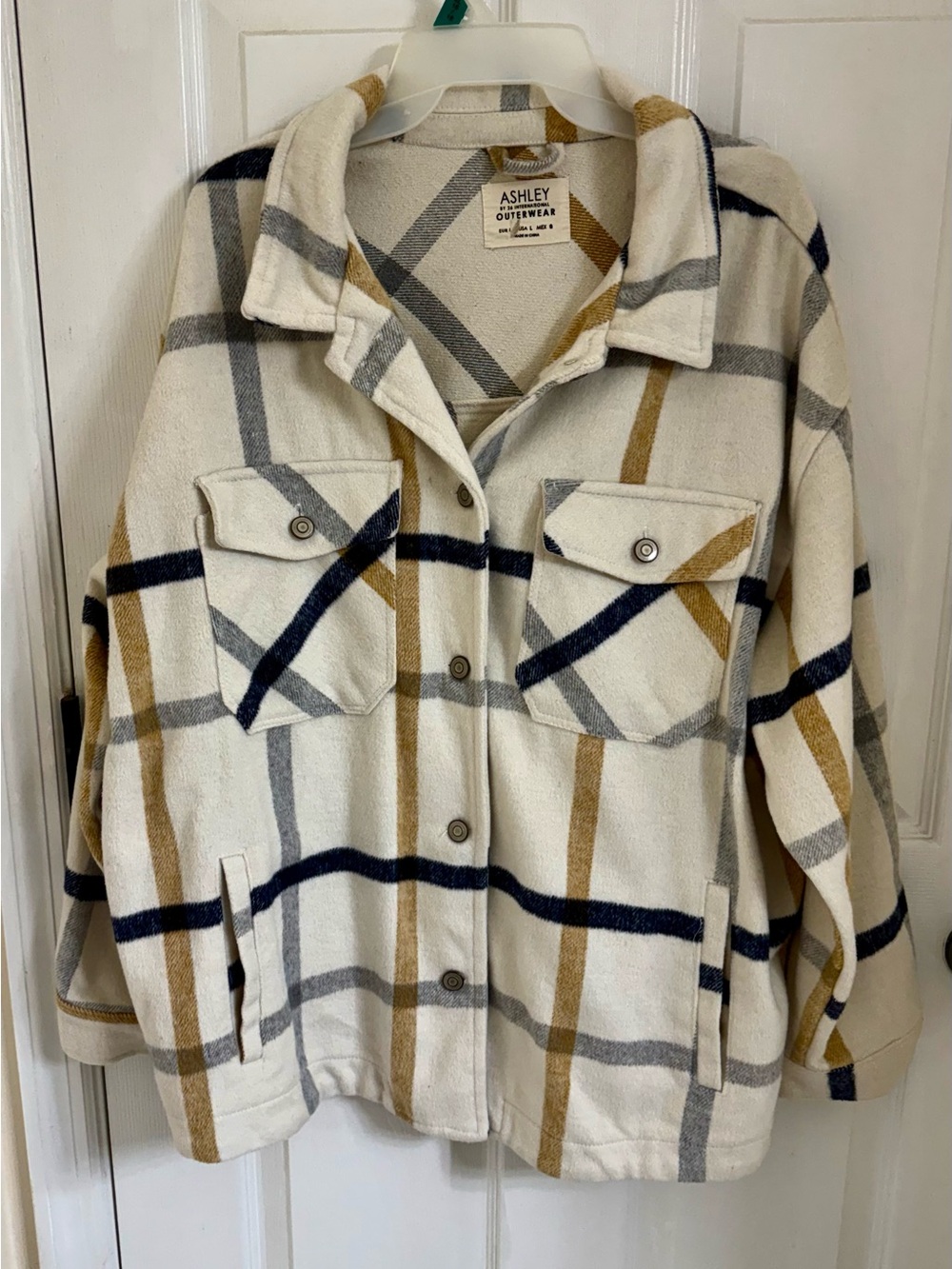 Ashley By 26 International Cream Plaid Utility Shacket with Navy & Tan Stripes